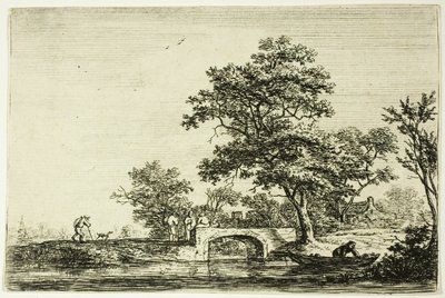 Vier mannen op een stenen brug door Anthonie Waterloo