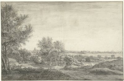 Gezicht vanuit de duinen op Haarlem met ruïne van het Huis te Kleef door Anthonie Waterloo