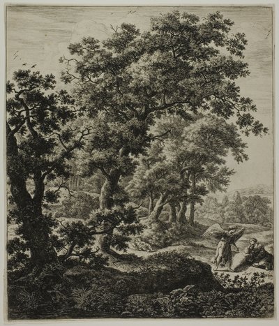 Hagar getroost door de engel, uit Zes grote staande landschappen met scènes uit het Oude Testament door Anthonie Waterloo