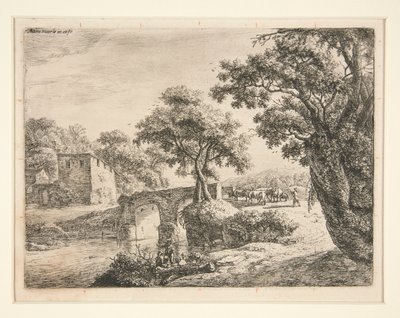 Kudde Bij een Stenen Brug door Anthonie Waterloo