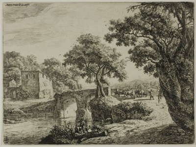 Kudde bij een stenen brug door Anthonie Waterloo