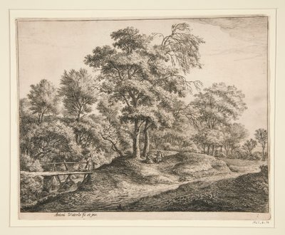 De boerin en het meisje op de kleine houten brug door Anthonie Waterloo