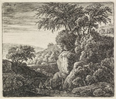 Landschap met een kleine waterval door Anthonie Waterloo