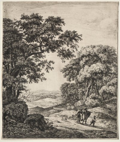 Zes grote staande landschappen met scènes uit het Oude Testament: Abraham stuurt Hagar en Ismaël weg door Anthonie Waterloo