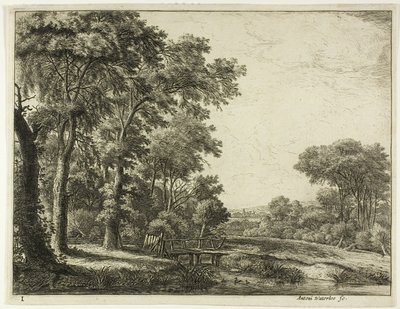 De ingang van het bos bij het houten bruggetje door Anthonie Waterloo