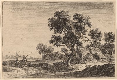 Drie Boeren op een Heuvel buiten een Dorp door Anthonie Waterloo