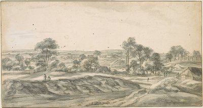 Dorp verspreid onder bomen, rechts de kerk, verre verte met heuvelachtige velden door Anthonie Waterloo