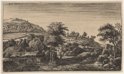 Watermolen aan de voet van een heuvel door Anthonie Waterloo