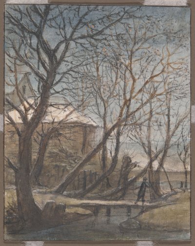 Winterlandschap met een overstekende man door Anthonie Waterloo