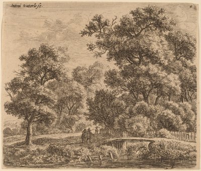 Boslandschap met een brug door Anthonie Waterloo