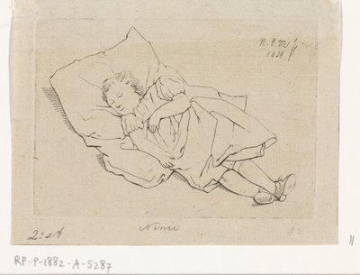 Slapend kind op een kussen door Anthonie Willem Hendrik Nolthenius de Man