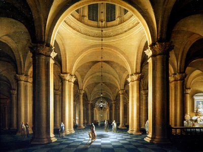 Nachtelijke kerkinterieur met elegante figuren door Anthonie de Lorme