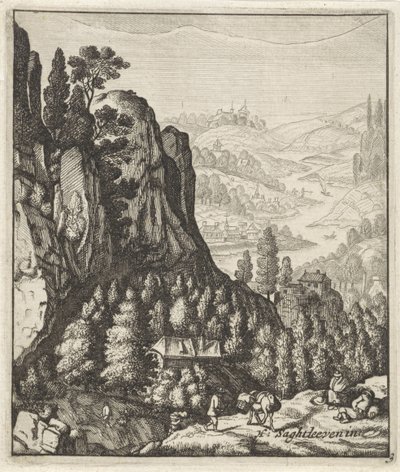 Rotsachtig berglandschap met boeren door Anthonie de Winter (attributed to)