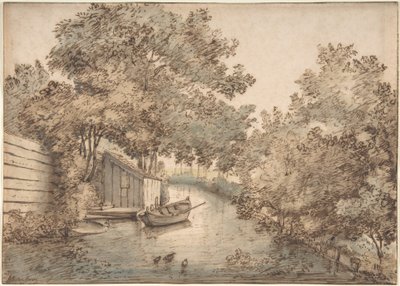 Kanaal met een boot en eenden door Anthonie van Borssom