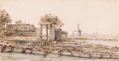 Een boerderij aan een water bij een dorp door Anthonie van Borssom