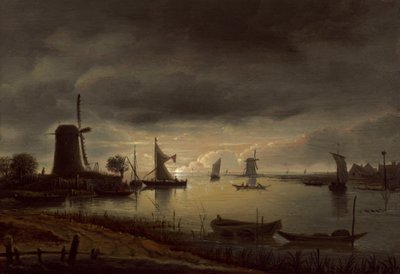 Rivierscène met molen en boten, avond, ca. 1645 door Anthonie van Borssom