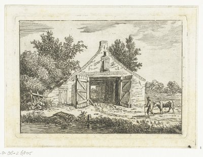 Man met koe voor een schuur buiten Hattem door Anthonie van den Bos
