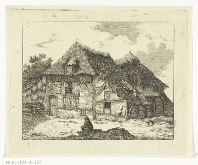 Man zittend op een heuveltje voor een huis te Staphorst door Anthonie van den Bos