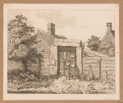 Melkmeisje bij de poort van een boerderij door Anthonie van den Bos