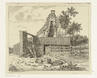 Rietsnijder voor de ruïne van het huis Snaatburg te Maarssen door Anthonie van den Bos