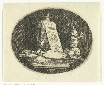 Stilleven met palet, schilderij en buste van Mercurius door Anthonie van den Bos