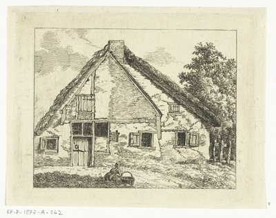 Vrouw met mand zittend voor een huis door Anthonie van den Bos