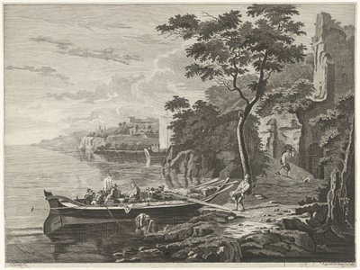 Figuren bij een schuit in een berglandschap door Anthonij van der Haer