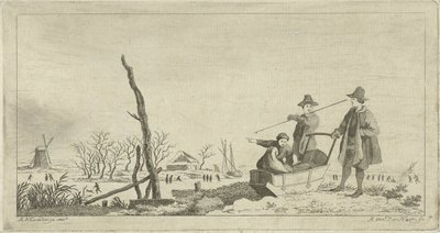 Figuren bij een slee in een winterlandschap door Anthonij van der Haer
