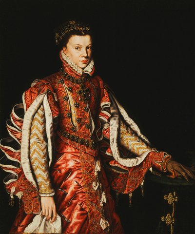 Portret van Elizabeth van Valois, Koningin van Spanje, driekwart lengte door Anthonis van Dashorst Mor