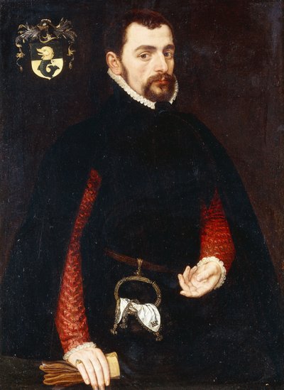 Portret van een heer van 28 jaar, driekwart lengte, in een zwart dubbelt met rode mouwen en een zwarte cape, met een beurs en een zakdoek geborduurd met de initialen 