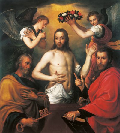 De verrezen Christus met de heiligen Petrus en Paulus door Anthonis van Dashorst Mor