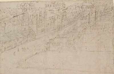 Panorama van Londen gezien vanaf Southwark: Borough High Street met St Mary Overy, 1554 door Anthonis van den Wyngaerde