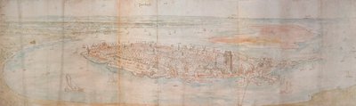Panoramisch uitzicht op Dordrecht vanaf een verhoogd punt in het westen door Anthonis van den Wyngaerde