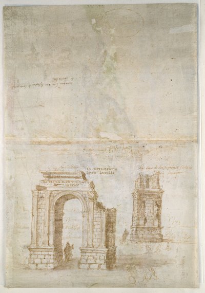 Recto: Panoramisch uitzicht op Tarragona vanuit het zuiden (zeewaarts) Verso: Schetsen van Romeinse ruïnes in Tarragona en van een fort door Anthonis van den Wyngaerde
