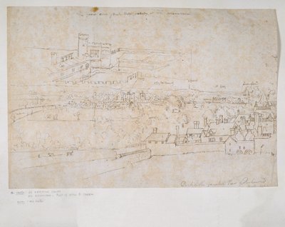 Blad met studies van de paleizen van Hampton Court en Richmond en omliggende platteland door Anthonis van den Wyngaerde