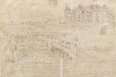De rivierkant van Richmond Palace en Privy Gardens door Anthonis van den Wyngaerde