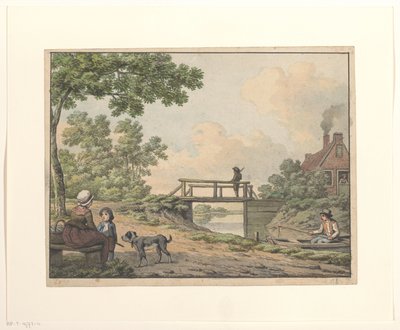 Landschap met figuren en een bruggetje bij een boerenwoning door Anthony Andriessen