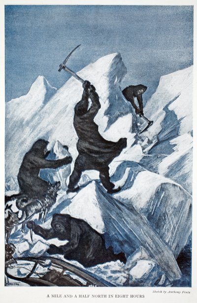 Een mijl en een halve noord in acht uur, uitgegeven Londen 1907 (kleur litho) door Anthony Fiala