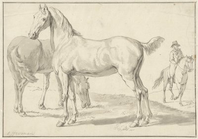 Twee paarden in een weide, rechts een ruiter door Anthony Jacobus Offermans