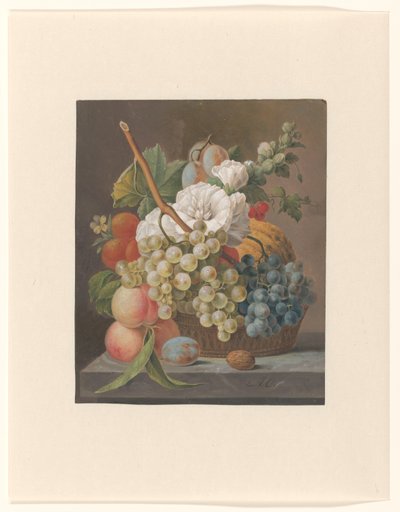 Stilleven met bloemen en fruit in een mandje door Anthony Oberman