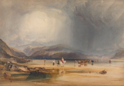 Een uitzicht op Snowdon vanaf de zandstranden van Traeth Mawr, genomen bij de doorwaadbare plaats tussen Pont Aberglaslyn en Tremadoc door Anthony Vandyke Copley Fielding