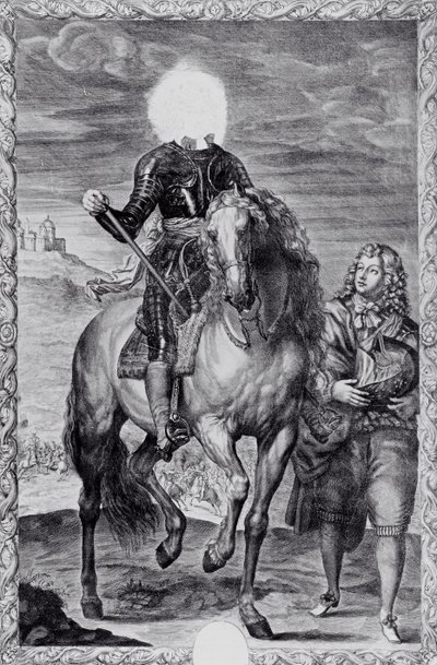 Beschadigd ruiterportret van Charles I, gegraveerd door Pierre Lombart (gravure) (z/w foto) door Anthony van (after) Dyck
