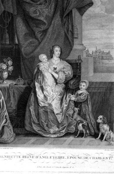 Koningin Henrietta Maria (1609-69) met twee van haar kinderen, gegraveerd door Henry Bonnefoy (gravure) door Anthony van (after) Dyck