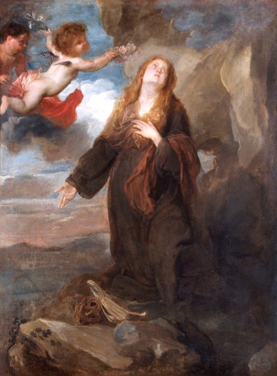 Sint Rosalie Gekroond met Rozen door Twee Engelen door Anthony van (after) Dyck