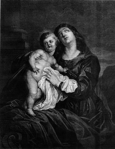 De Maagd en het Kind Jezus. Gravure naar een schilderij van Anton (Antoon of Anthony) van Dyck (1599-1641). Gravure in 