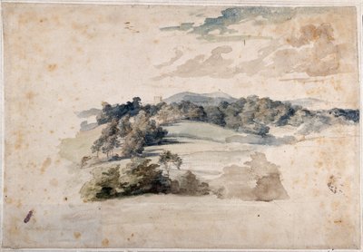 Een Engels landschap van weiden en beboste heuvels (potlood en aquarel op papier) door Anthony van Dyck