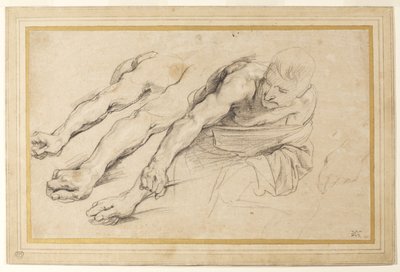 Figuur van een man die voorover buigt met de rechterarm uitgestrekt; drie studies van de rechterarm, en een van de linkerhand voor dezelfde figuur door Anthony van Dyck