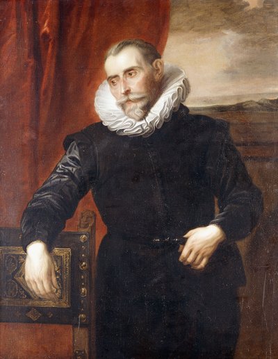 Portret van Frans Snyders, halflang, in zwart kostuum, leunend op een stoel, een landschap op de achtergrond door Anthony van Dyck