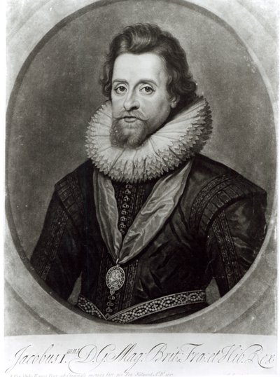 Portret van James I (1566-1625) naar een miniatuur van Nicholas Hilliard (1547-1619) uit 1617, gegraveerd door George Vertue (1684-1756) door Anthony van Dyck