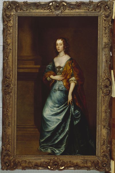 Portret van Mary Villiers, Hertogin van Lennox en Richmond, in een blauwe jurk en bruine omslagdoek bij een zuil door Anthony van Dyck